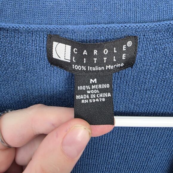 Carole Little Blue 100% Italian Merino Wool Ruffle Preppy Cardigan Size Medium - Picture 6 of 8